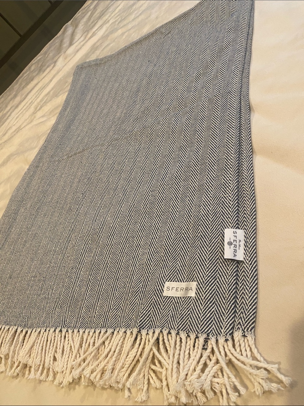 SFERRA Blue and White Herringbone Cotton Throw with Fringe
